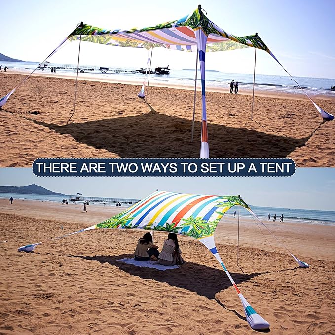 SUNWISHA Beach Tent Sun Shelter 10x10FT Portable Shade Canopy UPF 50+ with 4 Aluminum Foldable Poles Protection Beach Shade Canopy Camping Fishing Picnics Backyard Picnics