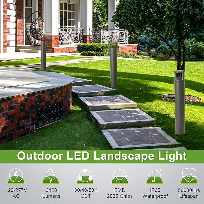 LED Bollard Landscape Light 42inch 24W 3CCT Selectable (3000K/4000K/5000K)120V-277V Commercial/Residential Bollard Lighting Fixture for Garden Pathway Driveway Die-cast Aluminum Bronze
