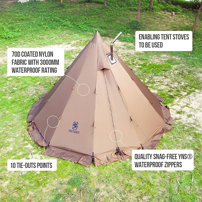 OneTigris Rock Fortress Hot Tent with Stove Jack 4 Season 4-6 Person Tipi for Camping Backpacking Hunting Fishing - Waterproof Wind-Proof