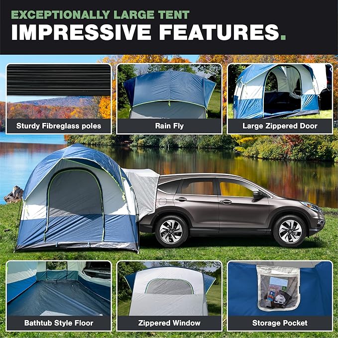 Universal SUV Camping Tent - Up to 8-Person Sleeping Capacity Includes Rainfly and Storage Bag - Car Tailgate Glamping Tent - 8'W x 8'L x 7.2'H Gray and Blue