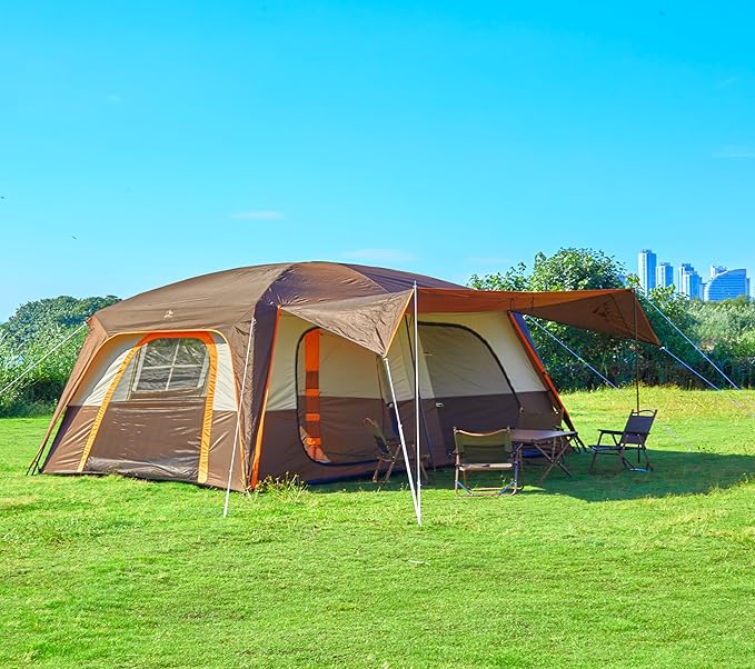 KTT Extra Large Tent 12-14 PersonFamily Cabin Tents2 RoomsStraight Wall2 Doors 4 Windows with MeshWaterproofStraight WallBig Tent for OutdoorPicnicCampingGathering(Brown)