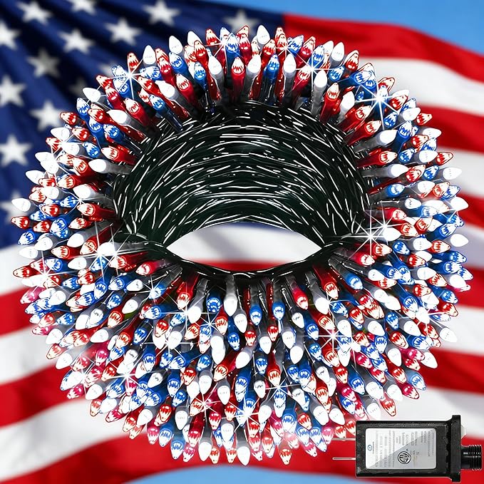 1500 LED 470FT Red White Blue 4th of July Patriotic Decorations String Lights with 12 Modes Timer &amp Dimmable Green Wire for Outdoor Indoor Christmas Holiday Soccer Party Independence Day Deco