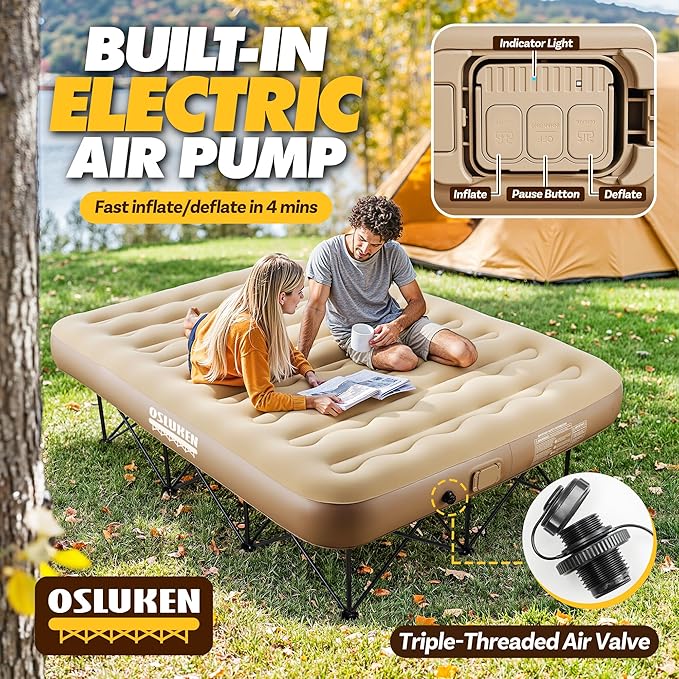 Queen Air Mattress with Frame &amp Built in Pump 500 LBS Self Inflating Air Bed Blow Up Bed Camping Cot with Mattress for Adults Portable Inflatable Bed for Guest Travel 80 x 60 x 9 25 Rais