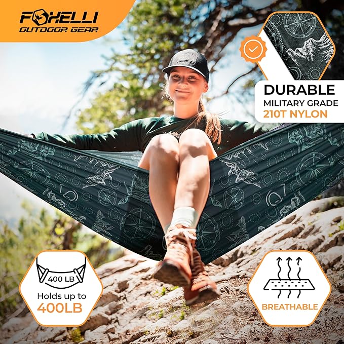 Foxelli Camping Hammock – Ultralight Hammock for Backpacking Hiking Festivals Travel - Easy Setup with Tree-Friendly Ropes &amp Steel Carabiners Heavy Duty Parachute Nylon