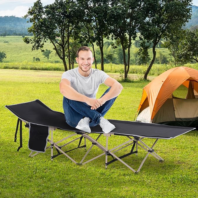 Folding Camping Cot for Adults with Carry Bag Side Pocket Outdoor Portable Sleeping Bed for Travel Camp Vacation 330 lbs. Capacity Black