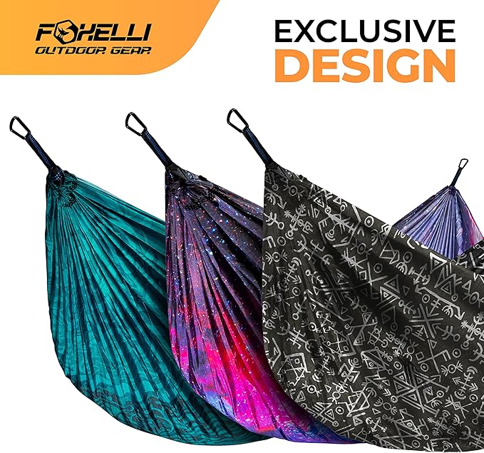Foxelli Camping Hammock – Ultralight Hammock for Backpacking Hiking Festivals Travel - Easy Setup with Tree-Friendly Ropes &amp Steel Carabiners Heavy Duty Parachute Nylon