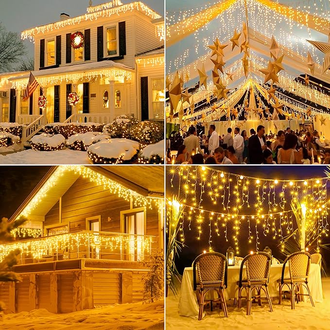 Hopolon 33FT 360L LED Christmas Icicle Lights Outdoor Waterproof8 Modes Plug in Curtain String LIghts With 60 DropsChristmas Lights for WeddingPartyBedroomHomeGardenWall Decorations(Warm White)