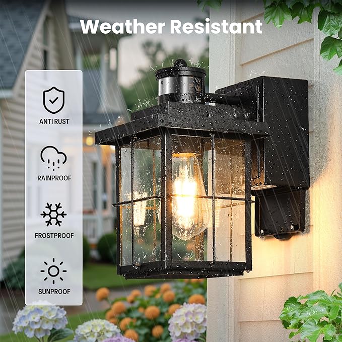 Gleamz Motion Sensor Outdoor Wall Light Black Porch Light with GFCI Outlet Waterproof Outdoor Light Fixture with Outlet Front Door Light with Seeded Glass Exterior Wall Lantern for Garage Patio