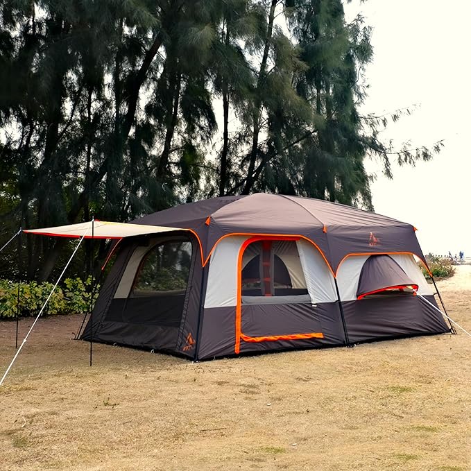 KTT Extra Large Tent 10-12-14 Person(A)Family Cabin Tents2 Rooms3 Doors and 3 Windows with MeshStraight WallWaterproofDouble LayerBig Tent for OutdoorPicnicCampingFamily Gathering