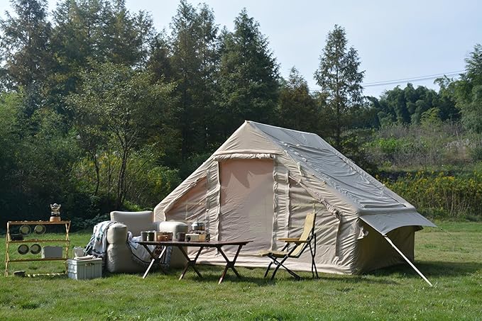 Inflatable Camping Tent Easy Setup 4 Season Glamping Tent Inflatable Structure 4-6 Persons Waterproof Windproof Outdoor Self-Supporting Blow up Tent Air Tent Portable House Beige