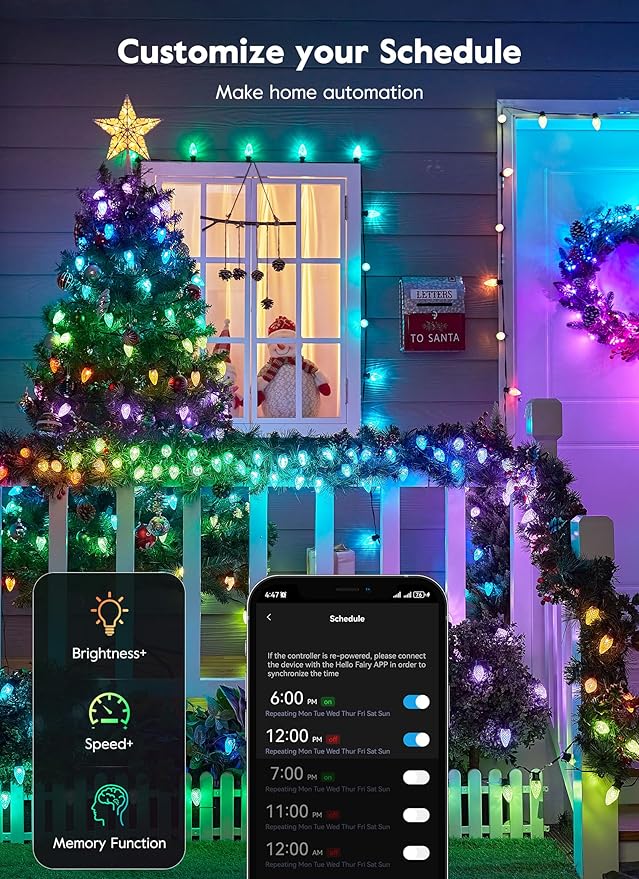 Brightown Smart C9 LED Christmas Lights 150 LED RGB C9 String Light with Remote App Control Music Sync Connectable Waterproof Outdoor Christmas Lights for House Tree Patio Holiday Xmas Decor