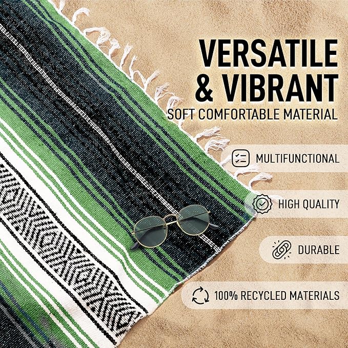 Hydration Nation Authentic Extra Large Mexican Blanket (70x50) - Handwoven Yoga Serape- Artisanal Falsa Beach Camping Picnic Outdoor - Tropical Green