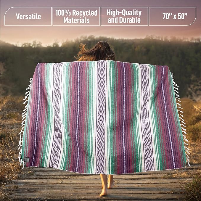Hydration Nation Authentic Extra Large Mexican Blanket (70x50) - Handwoven Yoga Serape- Artisanal Falsa Beach Camping Picnic Outdoor - Dawn