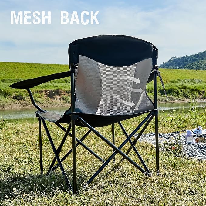 Portal Oversized Camping Chair Big and Tall Folding Camp Chair Portable Lawn Chairs Heavy Duty Foldable XXL Outdoor Camping Chair for Adults Support Up to 600 lbs Black/Grey