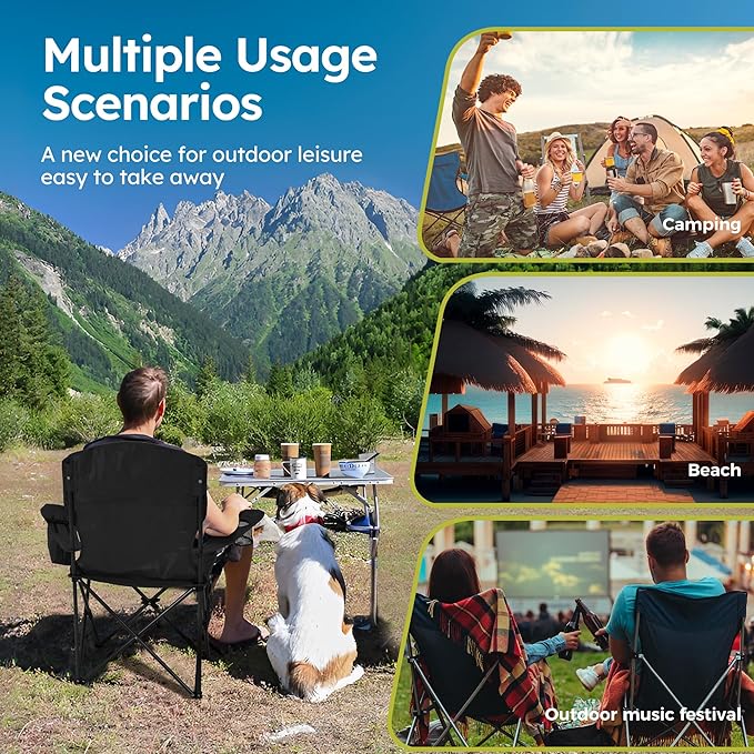 ALPHA CAMP Camping Chair 2 Pack Portable Chair with 3-Can Cooler Folding Chair with Side Pocket and Cup Holder Collapsible for Camping Tailgates Beach Fishing and Sports2PC