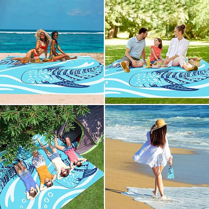 Shedoo Beach Blanket Waterproof Sandproof 9 Ft X 10 Ft Extra Large Sand Free Beach Mat Big Compact Lightweight Quick Drying Picnic Blanket with 4 Stakes &amp Pockets for Camping Travel Hiking