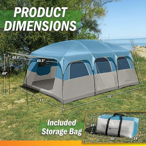 10-12 Person Large Camping Tent – Tall Family Cabin Outdoor Shelter with Room Divider Mesh Windows Water-Resistant Rainfly and Carry Bag for Camping and Outdoor Adventures – Wakeman Outdoors