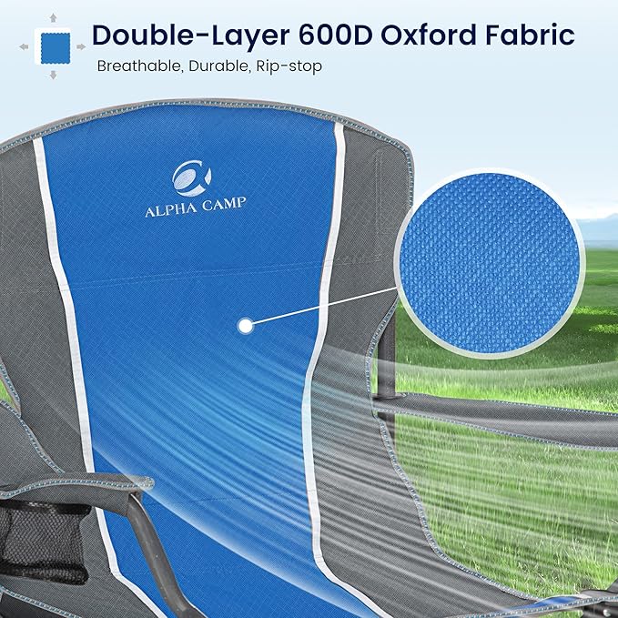 ALPHA CAMP Oversized Camping Folding Chair - Heavy Duty Steel Frame Support 350 LBS Collapsible Padded Arm With Cup Holder Quad Lumbar Back Portable for Outdoor/Indoor