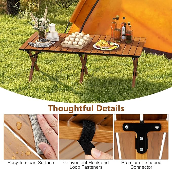 COSTWAY Folding Picnic Table Roll-Up Aluminum Camping Table with Wood Grain Portable Low Height Beach Table with Carry Bag for Camping Picnic BBQ &amp Hiking Easy Assembly Natural (47” x 23” x