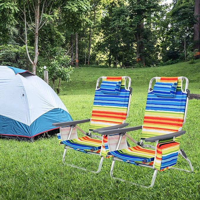 GYMAX Beach Chairs Backpack Camping Chair with Armrest Cooler Bag Cup Holder Towel Bar &amp Side Pockets Sunbath Sling Tanning Lounge Folding Layout Chair (4 Chairs Without Table Yellow Stripe