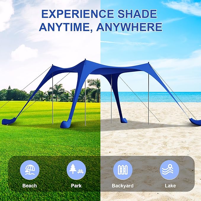 Beach Tent Sun Shelter UPF50+ with Sandbags Sand Shovel &amp Windproof Poles - Portable Pop Up Canopy for Beach Camping Picnics Backyard &amp Fishing (Royal Blue10x10FT)