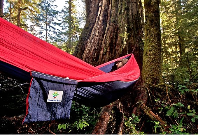 Hammock Bliss Single - Camping Hammock - Camping Essentials Portable Hammock - The Longest Single Hammock On Earth for Outside Hiking and Travel (Navy/Red)