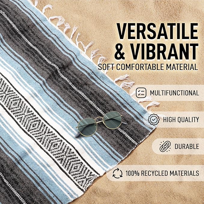 Hydration Nation Authentic Large Handwoven Mexican Blanket - Soft Yoga- Durable Serape- Lightweight Falsa Beach Camping Picnic Outdoor Blanket 70x50 - Aqua Sky