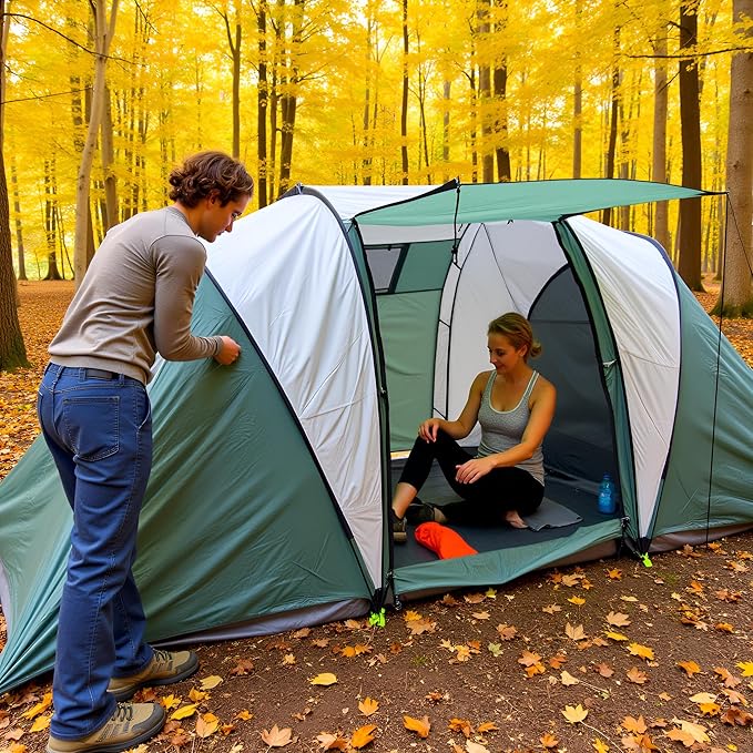Large Camping Tent Family Tent 4~5 People 177 * 87 * 71 inches Waterproof Mesh Roof 2 Bedrooms and 1 Living Room (8 Person Grmy Green+Gray)