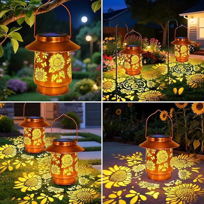 Sunflower Solar Lanterns Outdoor Waterproof Garden Decor Birthday Gifts for Women Mom GrandmaMetal Hanging Solar Lights Outside Decorative for Yard Patio Backyard Pathway Porch