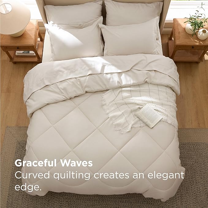 Bedsure 7 Pieces King Comforter Set Premium Series Hotel Luxury Soft Bed in a Bag Goose Down Alternative Safe for Sensitive Skin Bedding Comforter All Season Medium Warmth Beige Wavy Quilted