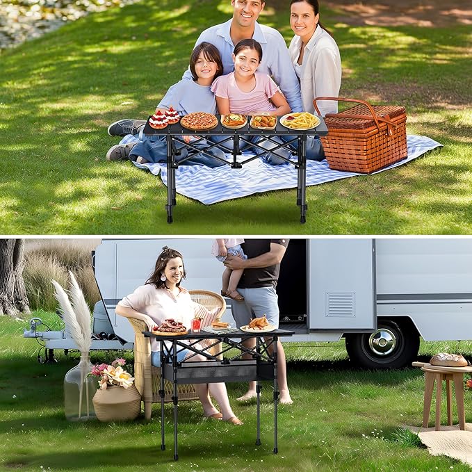 GARLLEN Folding Camping Table 2-Height Adjustable Portable Roll-up Camping Table with Storage Net Lightweight Aluminum Picnic Table with Carrying Bag for Cooking BBQ Outdoor 32.2 L x 15.7 W