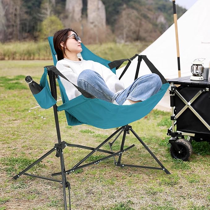 HOMEFUN Hammock Camping Chair - Portable Swinging Chairs for Adults with Stand and Storage Bag Oversized Folding Rocking for Lawn Camp Fishing Hiking Blue