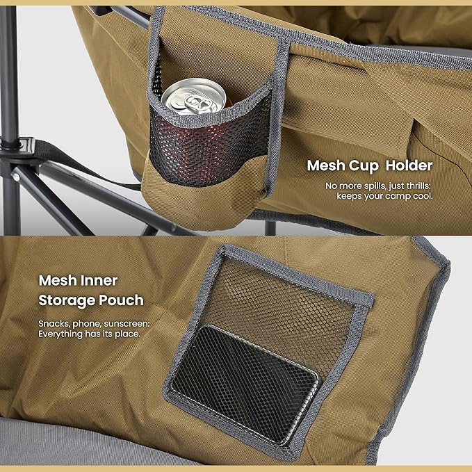 ARROWHEAD OUTDOOR Oversized Heavy-Duty Club Folding Camping Chair with Pocket Cup Holder Portable Padded Moon Round Saucer Supports 330lbs Carrying Bag