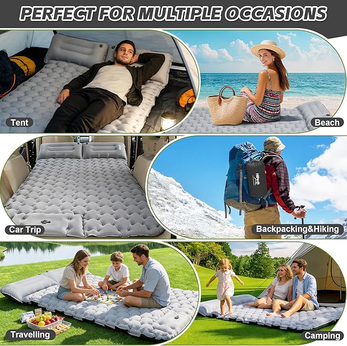 HiiPeak Double Sleeping Pad for Camping - Ultralight Camping Mattress with Pillow Built-in Foot Pump Compact Inflatable 2-Person Portable Mat for Backpacking Hiking Car Traveling Beach Tent