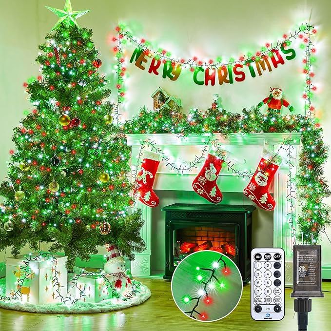 Minetom 50 Ft 1000 LED Cluster Lights Christmas Tree Lights Outdoor Christmas Firecrackers String Light 12 Modes Timer Remote Waterproof Plug in Twinkle Light for Xmas Tree Party Red Green ＆ White