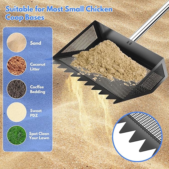 Adjustable manure shovel made of stainless steel with ergonomic and sieve plate for poultry farms. Durable manure shovel made of iron with rubber chain
