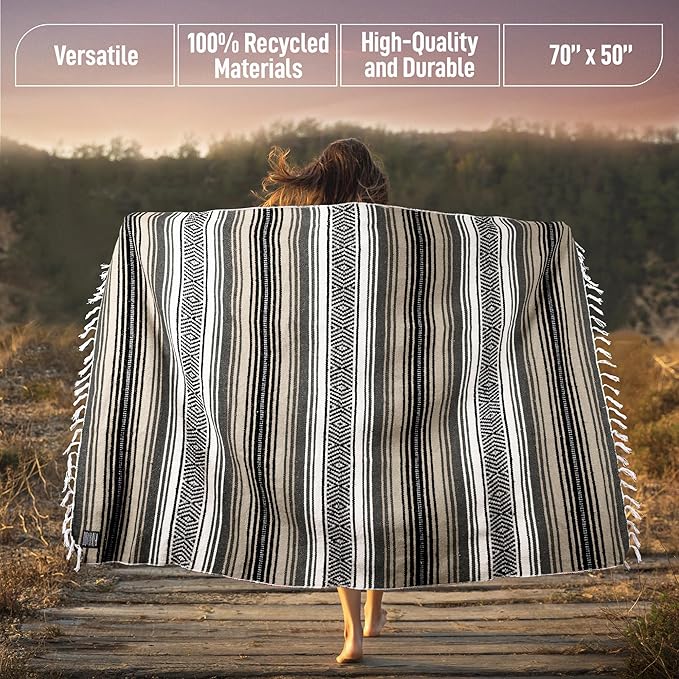 Hydration Nation Authentic Large Handwoven Mexican Blanket - Soft Yoga- Durable Serape- Lightweight Falsa Beach Camping Picnic Outdoor Blanket 70x50 - Desert