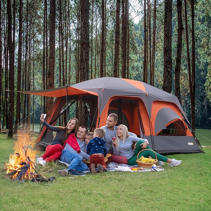 8–10-12 Person Camping Tent 2 Room Family Tent with Zippered Divider Porch Rainfly Extra Large Waterproof Cabin Tent with 3 Mesh Doors &amp Windows Easy Setup 7.1 ft Tall Tent for Outdoor Campin