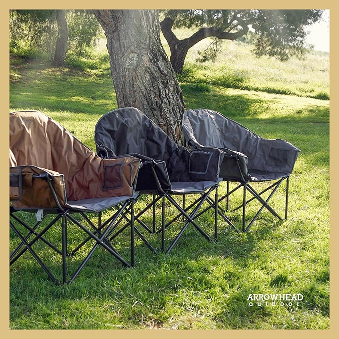 ARROWHEAD OUTDOOR Oversized Heavy-Duty Club Folding Camping Chair with Pocket Cup Holder Portable Padded Moon Round Saucer Supports 330lbs Carrying Bag