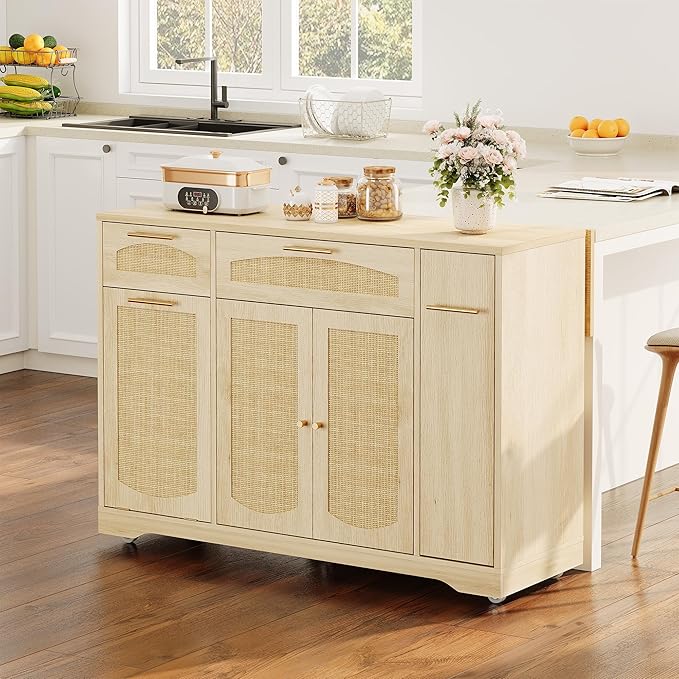 Rolling Kitchen Island Cart with Drop Leaf Tilt-Out Trash Cabinet Storage Drawers Spice Rack Farmhouse Wooden Table Compact Design for Small Spaces 53.1 on Wheels - Wood Color