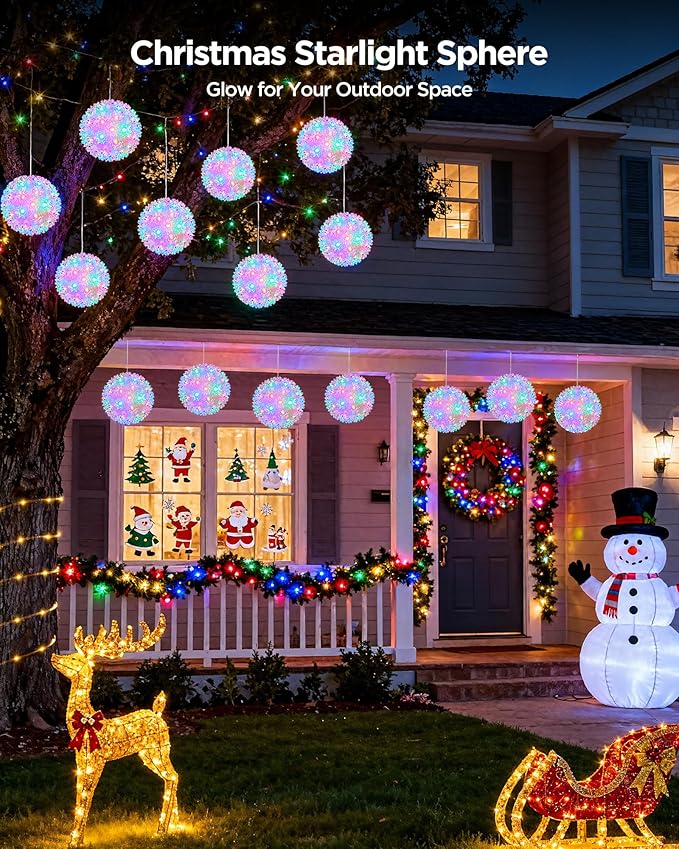 Brightown Outdoor Christmas Decorations-Starlight Sphere Replaceable Bulbs with Add-On Plug Lighted Sphere Balls for Trees Party Wedding Patio Indoor Decorations 5.5in-3pc 50 LED(Multi-Colored)
