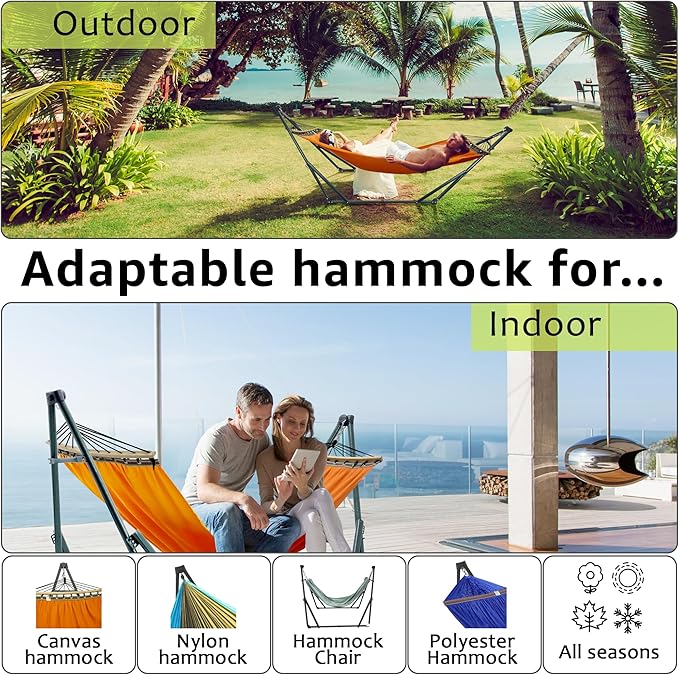 Tranquillo Sturdy Steel Hammock with Stand Premium Cotton Canvas Hammock 600 lbs Capacity Hammock Stand Folding Portable 30-Second Fold Unfold Hammock for Camping Orange