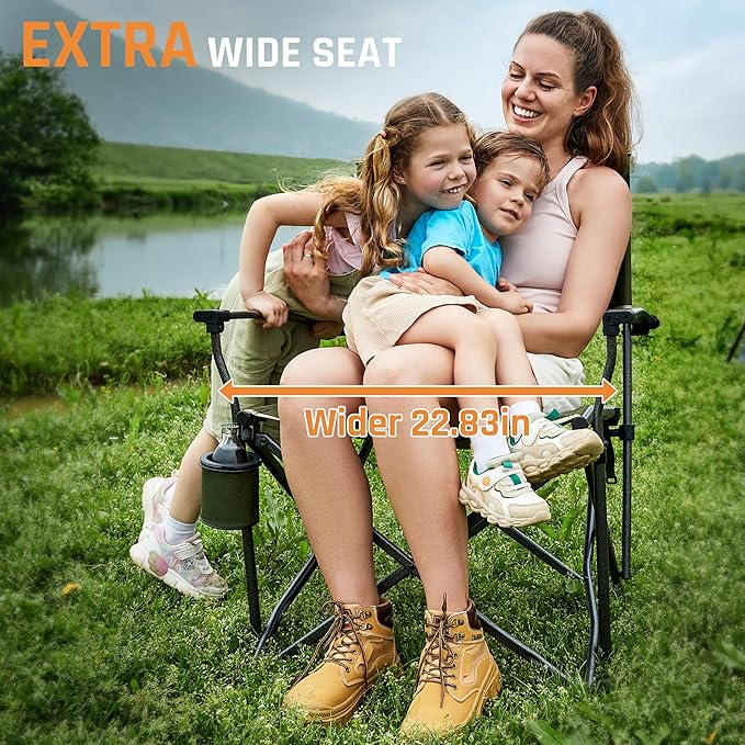 2PCS Oversized Folding Camping Chairs for Adults Heavy Duty Camp Chair Support 400 LBS Steel Frame Metal Arm Lawn Chairs with Swivel Cup Holder Extra Large Outdoor Chairs Green