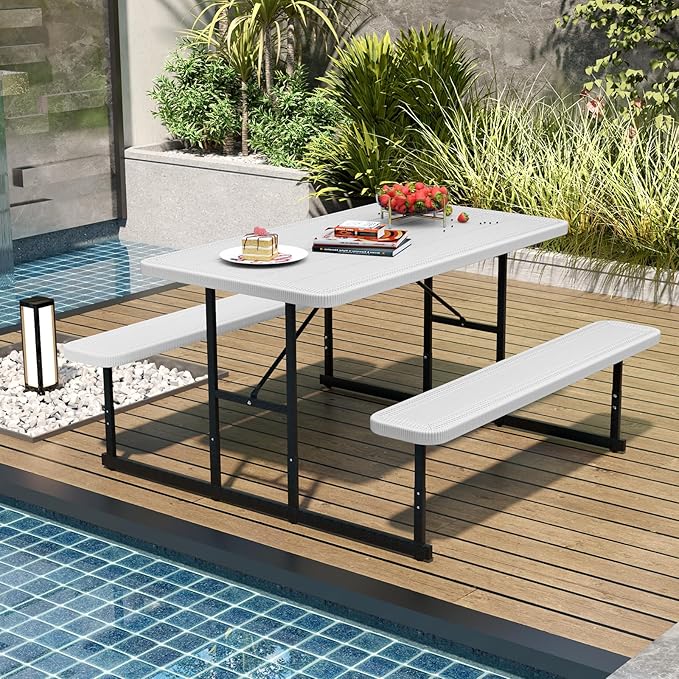Giantex Picnic Table Bench Set for 4 People 4.5FT Outdoor Rectangular Dining Table &amp 2 Benches w/Umbrella Hole HDPE Tabletop Metal Frame Patio Garden Backyard Poolside (4.5FTNon-FoldableWhit