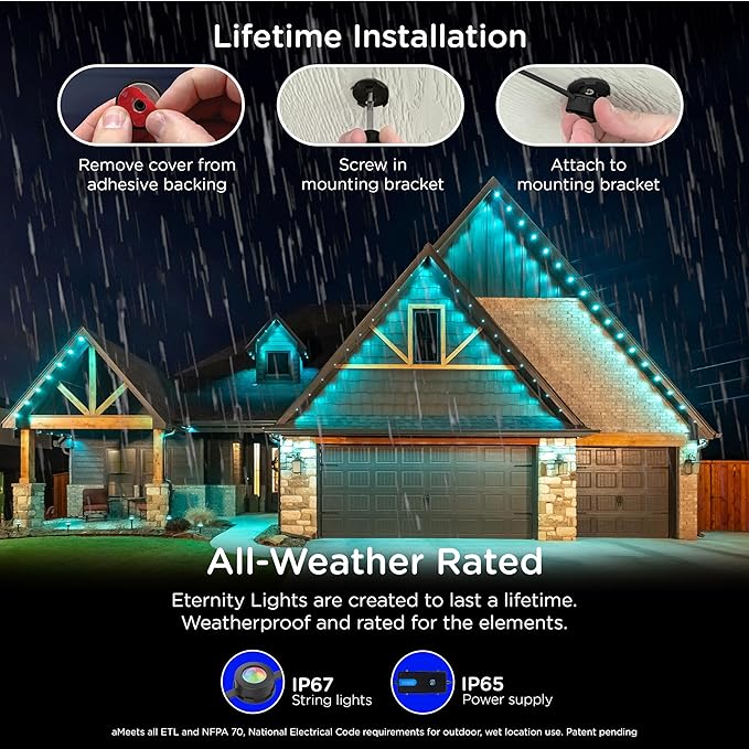 Enbrighten Vibe Eternity Permanent Outdoor Lights for House 150ft 108 RGBWIC LEDs Close Spacing 33lm Color Changing Christmas Eave Lighting Smart App Works with Alexa Google Home 85103