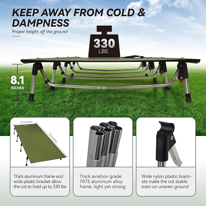 MARCHWAY Lightweight Folding Tent Camping Cot Bed with Lever Lock Easy Setup Portable Compact for Outdoor Travel Hunting Hiking Motorcycling Support 330Lbs (Army Green)