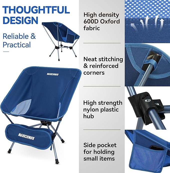 MARCHWAY Lightweight Folding Camping Chair with Spring Lock Stable Compact Portable for Outdoor Camp Travel Beach Picnic Festival Hiking Backpacking (Lowback Dark Blue)