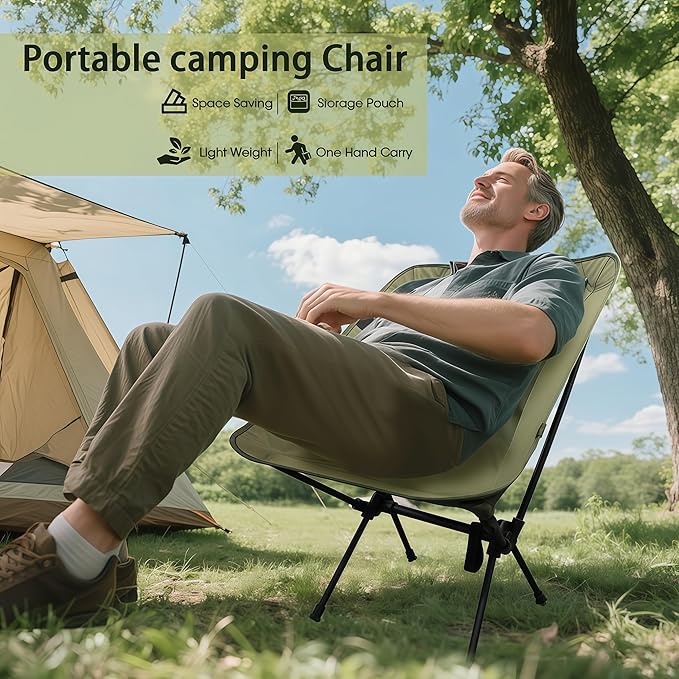 Lightweight Folding Camping Chair for Adults Heavy Duty 270lbs Capacity Compact Backpacking Hiking Chair – Portable Durable Outdoor Chair with Ergonomic Support (Army Green)