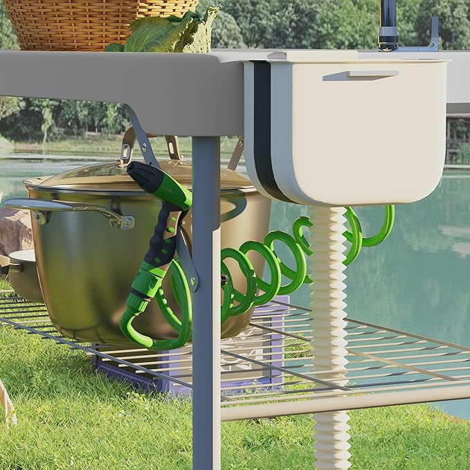 Outsunny Folding Fish Cleaning Table with Sinks Portable Camping Sink Table Gray