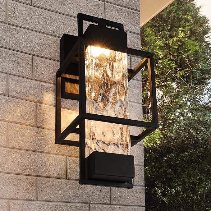PARTPHONER Modern Outdoor Light Fixture Outdoor Lighting 15 H Exterior Wall Sconce Waterproof Porch Light Outside Light for House with Water Glass for Garage Doorway Black